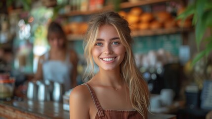 A smiling young woman in a cafe with warm lighting and blurred background featuring another person., generative ai