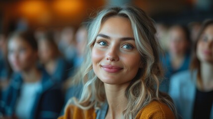 Obraz premium A smiling young woman with blue eyes at a gathering, others in soft focus behind her., generative ai
