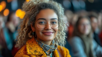 A smiling young woman with curly hair and glasses, wearing a yellow coat, in a crowded room., generative ai