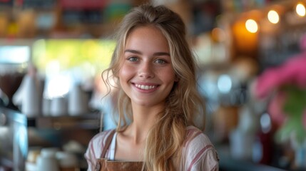 A smiling young woman with blonde hair, wearing an apron, stands in a cozy, blurred background., generative ai