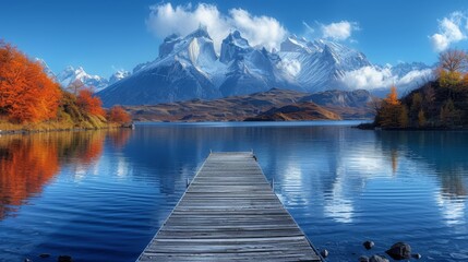 A tranquil lake with a wooden pier, surrounded by autumn trees, under a majestic snowy mountain., generative ai