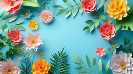 top view of colorful paper cut flowers with green leave, copy space, generative ai
