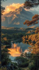 A tranquil lake reflects the warm golden hues of sunrise, nestled among autumn-colored forested mountains., generative ai