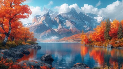 A tranquil lake with vivid autumn trees and imposing mountains under a clear, blue sky., generative ai