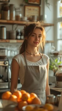 A woman in a kitchen apron stands behind a counter with oranges, bathed in soft light., generative ai