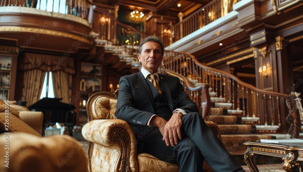 Sticker Mature man in elegant suit seated in luxury hotel lobby