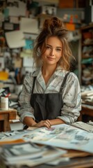 Fototapeta premium A woman with tousled hair stands in an art studio surrounded by paintings and supplies., generative ai