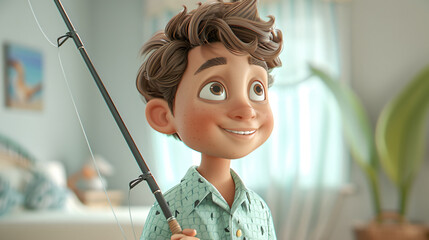 A charming cartoon boy with a mischievous smile, holding a fishing rod and sporting a seafoam green shirt. This adorable 3D headshot illustration captures the joy and excitement of a child's
