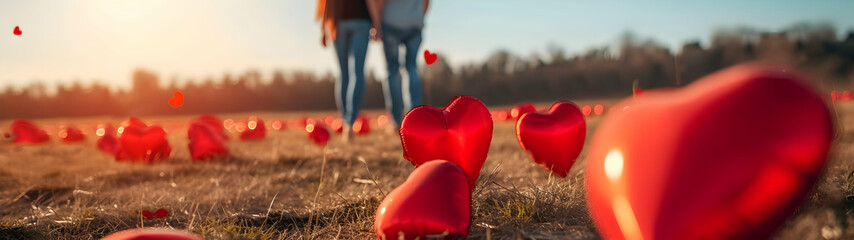 Fototapeta premium Young couple in embrace walking in a field full of red hearts. Concept of Valentine's day, love and happiness. Horizontal, banner.