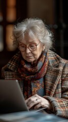 An elderly woman with glasses is focused intently on a laptop screen, wearing a scarf indoors., generative ai