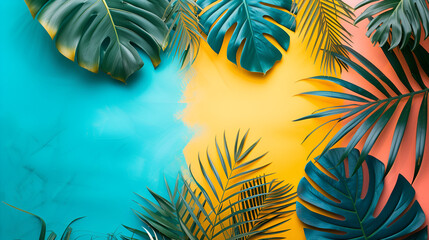 Fototapeta na wymiar A bright and colorful tropical background featuring vibrant handpainted palm leaves Generated Ai.