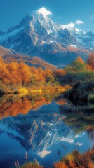Snow-capped mountain peak, vibrant autumn foliage, clear reflection in tranquil lake, serene natural beauty captured., generative ai