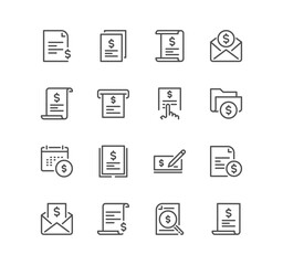 Set of invoice related icons, acoounting, taxes, business audit, payment, bill invoice, order, paper bank document and linear variety vectors.
