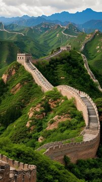 The image displays the Great Wall of China winding through green, mountainous terrain under a cloudy sky., generative ai