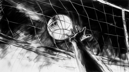 Abstract charcoal drawing of a hand reaching for a volleyball soaring towards a volleyball net