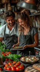 Two people wearing aprons, smiling, preparing food together in a kitchen filled with fresh vegetables., generative ai