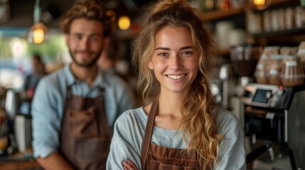 Two smiling baristas in aprons stand in a cozy cafe with shelves of jars behind them., generative ai