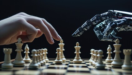Close up of robot hand playing chess game. Artificial intelligence concept.