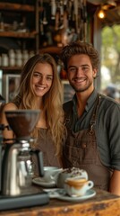 Two smiling baristas in an inviting café ambiance with espresso machines and a fresh coffee cup., generative ai