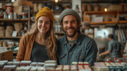 Naklejka premium Two smiling individuals wearing beanies stand in front of a store display filled with assorted items., generative ai