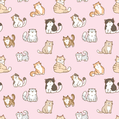 Seamless Pattern of Cartoon Cat Characters on Pink Background