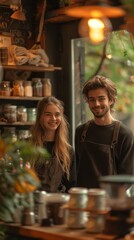 Two smiling young adults stand in a cozy, plant-decorated café with shelves of jars behind them., generative ai