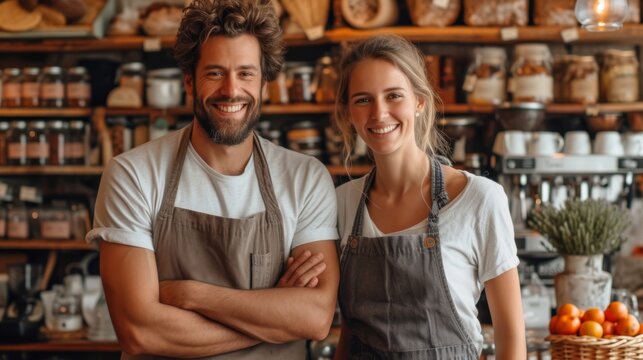 Two smiling people wearing aprons stand in front of a bakery counter filled with products., generative ai