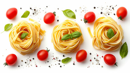 Traditional Italian linguini pasta with tomatoes top view on a white background - obrazy, fototapety, plakaty