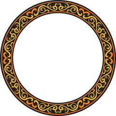 Vector orange and black Kazakh national round pattern, frame. Ethnic ornament of the nomadic peoples of Asia, the Great Steppe, Kazakhs, Kirghiz, Kalmyks, Mongols, Buryats, Turkmens