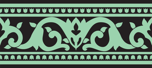 Vector black and green seamless turkish ornament. Endless ottoman national border, frame.. - obrazy, fototapety, plakaty