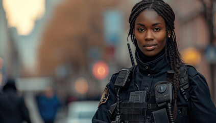 Young african american female security guard in uniform looking at camera