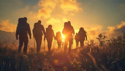 Group of hikers with backpacks are hiking in the mountains at sunset. - obrazy, fototapety, plakaty