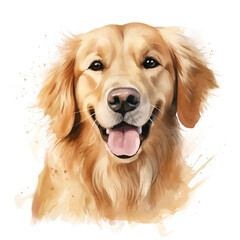 Dog Golden Retriever watercolor painting. Adorable puppy animal isolated on white background. Realistic cute dog portrait