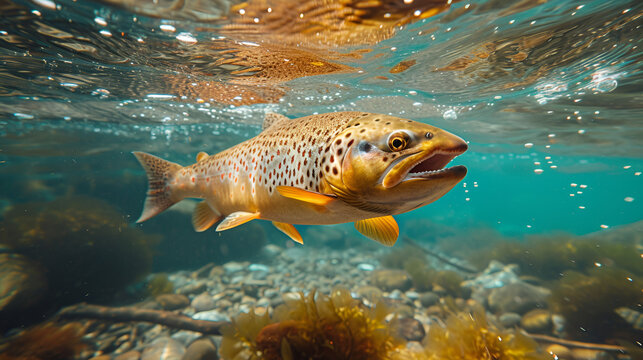 Underwater photo of The Brown Trout (Salmo Trutta) in a mountain lake. Close up with shallow DOF, generative ai