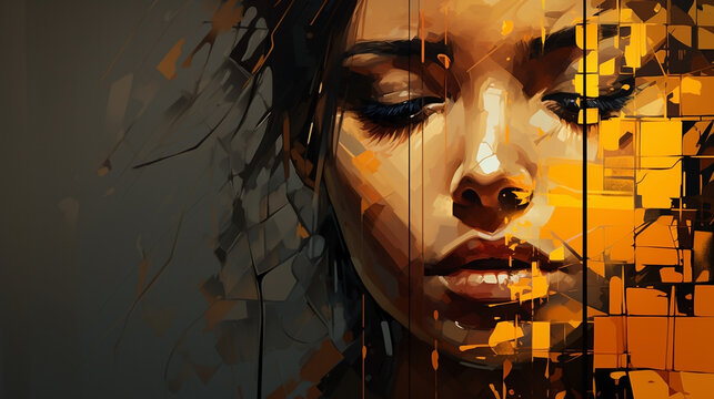 Illustration art work of a closeup view, stressful lady face expressions with color brush strokes enhancing the pressure and tension of a depressed person  