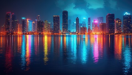 skyline illuminated at night reflecting in water