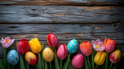 Bouquet of spring tulips and hand colored easter eggs on wooden background. Springtime holiday, copy space, generative ai
