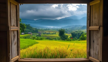 Landscape nature view background. view from window at a wonderful landscape nature view with rice terraces 