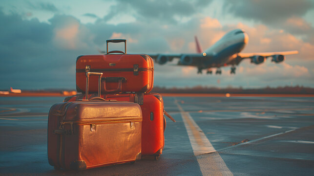 Travel luggage and airplane on the airport runway. Travel and vacation concept, Suitcases in the airport. Travel concept, plane flying on the background, AI Generated