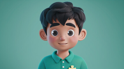 A cheerful cartoon boy with a puzzle piece symbolizing teamwork and problem-solving, depicted in a...