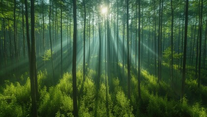 Morning in the forest with sunbeams and rays of light.