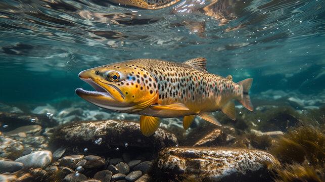 Underwater photo of The Brown Trout (Salmo Trutta) in a mountain lake. Close up with shallow DOF, generative ai