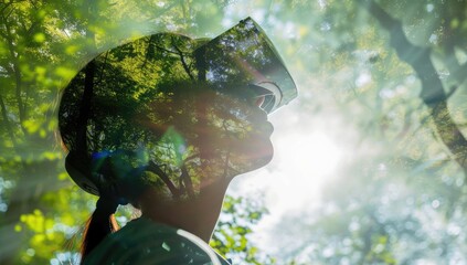 Double exposure of a woman looking through binoculars in the forest