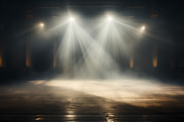 An empty stage lit up by spotlights and surrounded by smoke, with space for messages or logos in stage background.	 - obrazy, fototapety, plakaty