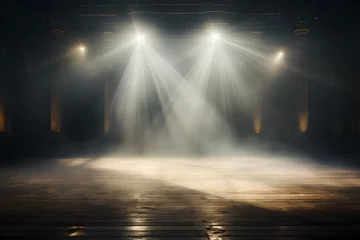 Foto op Plexiglas An empty stage lit up by spotlights and surrounded by smoke, with space for messages or logos in stage background.  © YOUCEF