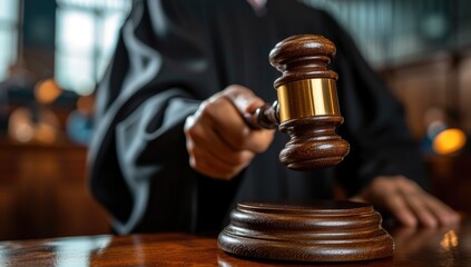 judge with wooden gavel in courtroom or law enforcement office.