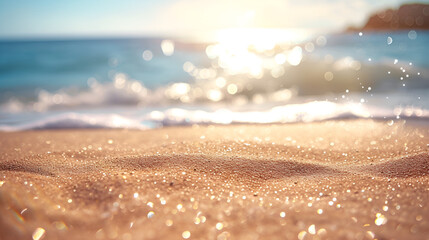 Sea beach with hot sand and sunny bokeh. generative ai