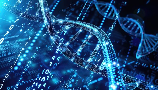 Illuminated DNA strands amidst binary code