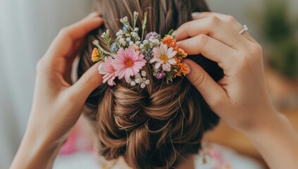 Wedding hairstyle with flowers in the hands of the bride - obrazy, fototapety, plakaty