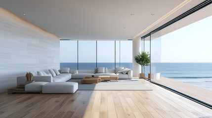 Sea view living room with wooden floor and empty white wall background in luxury beach house, Modern interior of vacation home - Office lounge 3D rendering. generative ai